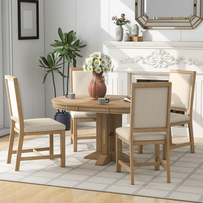 Farmhouse 5 Piece Kitchen Dining Set for 4, Solid Wood Extendable Round Dining Table Set and 4 Upholstered Chairs for Kitchen