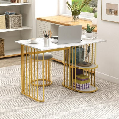 Costway 3 Piece Dining Table Set w/ 2 Stools 2-tier Storage Shelf Upholstered Seat