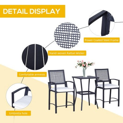 3pcs Patio Bar Set with Soft Cushion, Rattan Wicker Outdoor Furniture Set for Backyards, Lawn, Deck