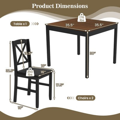 Costway 3 PCS Dining Table Set Wooden Square Kitchen Table with 2 Upholstered Chairs Brown/Gray