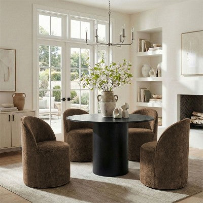 5-Piece Dining Table Set for 4, Modern Barrel Chair with Wheels and Chenille Upholstery, Black Round Pedestal Table-Panipeachy