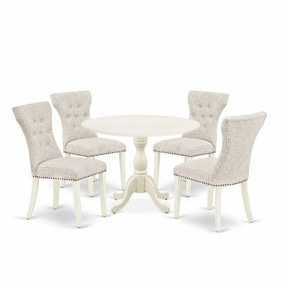 HomeStock 5-Piece Linen White Finish Solid Wood Top Dining Table with 4 Parson Chair with Drop Leaf Lattice Back