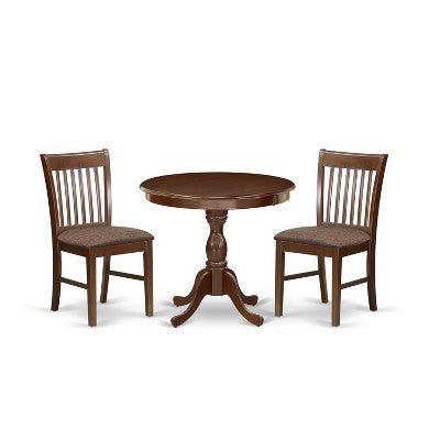 3-Piece Mahogany Finish Solid Wood Top - Round Dining Room Set - Seats 4