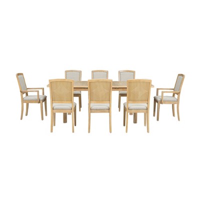 9 Pieces Extendable Dining Table Set for 6, Rectangular Kitchen Dining Table with Removable Leaf and 6 Armless Chairs and 2 Arm Chairs