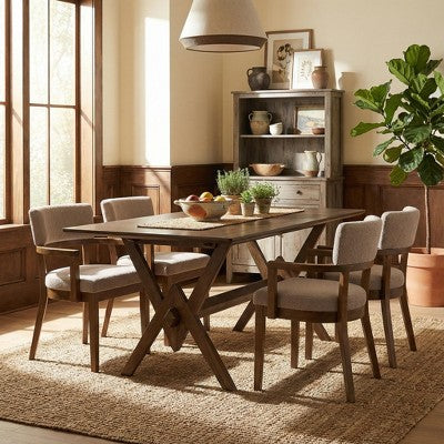 Christopher Knight Home Raisa 5 Piece Farmhouse Rubberwood Dining Set with Boucle Upholstered Chairs