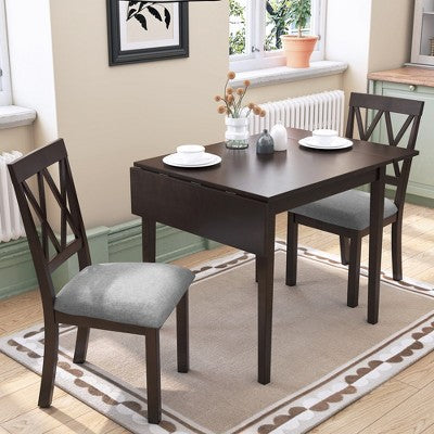 3 Piece Expandable Dining Set with 2 Upholstered Chairs, Wood Dining Table with Drop Leaf for Small Place