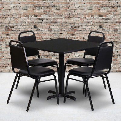 Emma and Oliver 36 Square Laminate X-Base Table Set with 4 Banquet Chairs