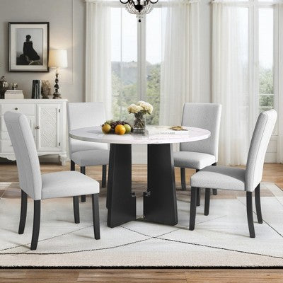 5-piece Round Dining Table Set Dining Set with 4 Upholstered Chairs for Dining Room, Kitchen and Living room, Beige/Black/Gray/White-ModernLuxe
