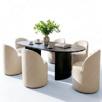 Dining Table Set for 6, Oval 79 Table and Linen Fabric Upholstered Barrel Chairs with Casters, for the Dining Room-Panipeachy