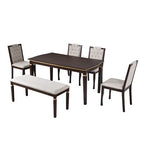 Retro 6 Pieces Kitchen Dining Table Set, Rectangular Table and 4 High-Back Tufted Chairs & Bench, Wood Dining Room Table Set for 6