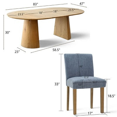 47-83 Extendable Dining Table Set for 6, Natural Wood-Tone Table and 6 Linen Armless Chairs with Solid Wood Legs for Dining Room-Panipeachy
