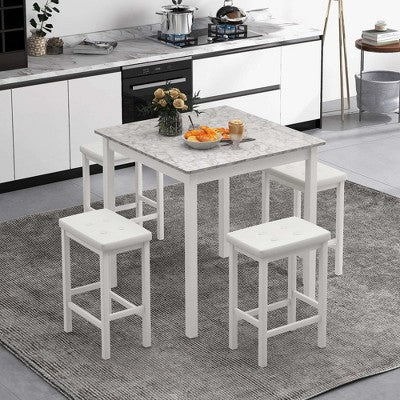 Costway 5 PCS Bar Table Set Square Dining Table & 4 PVC Leather Upholstered Bar Stools Brown/White