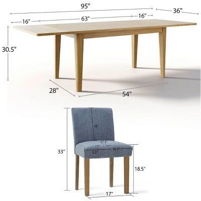 Expandable Dining Table Set for 8, Rectangular Table with Removable Leaves and Armless Linen Chairs, Featuring Solid Wood Legs-Panipeachy