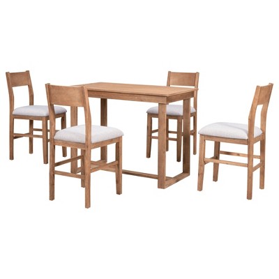 5 Pieces Counter Height Dining Set for 4, Farmhouse Wooden Bar Table Set with 4 Upholstered Chairs for Small Places