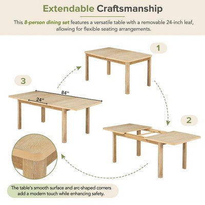 9 Pieces Extendable Dining Table Set for 6, Rectangular Kitchen Dining Table with Removable Leaf and 6 Armless Chairs and 2 Arm Chairs