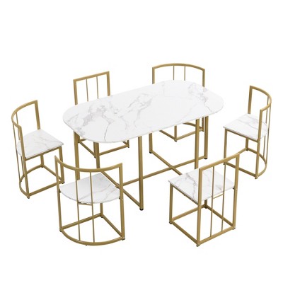 Modern Marble Dining Table Set for 6 with Metal Frame, Rectangular Marble Sticker Table and 6 Chairs for Dining Room Kitchen