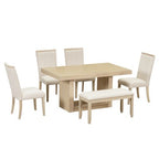 6 Piece Extendable Dining Table Set Dining Set with Removable Leaf, 4 Upholstered Dining Chairs and Bench, Natural+Beige - ModernLuxe