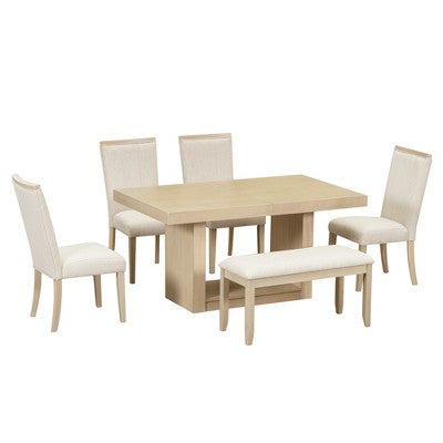 6 Piece Extendable Dining Table Set Dining Set with Removable Leaf, 4 Upholstered Dining Chairs and Bench, Natural+Beige - ModernLuxe
