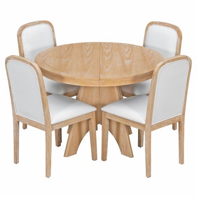 5 Piece Extendable Dining Table Set Dining Set for 4, Vintage Round Kitchen Table Set with 4 Upholstered Dining Chairs - ModernLuxe
