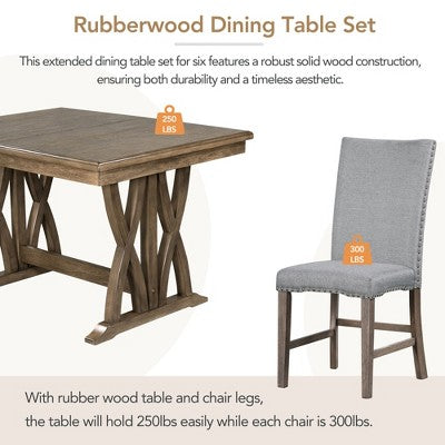 7 PCS Extendable Dining Set for 6, Dining Table Set with 6 Upholstered Dining Chairs, Mid-Century Style, Golden Brown+Gray-ModernLuxe