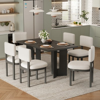 7 Piece Farmhouse Dining Table Set Dining Set for 6, 60 Kitchen Table Set with 6 Upholstered Dining Chairs - ModernLuxe