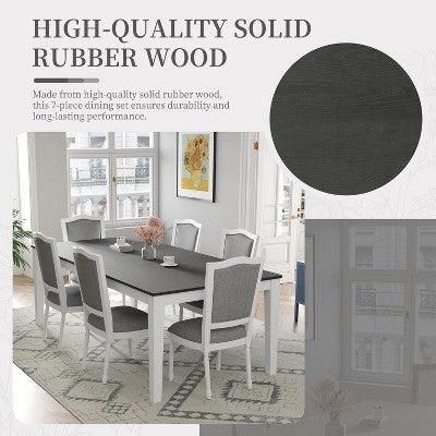Rustic Extendable Dining Table Set for 6, 7 Pieces Rectangle Dining Table with 6 Upholstered Chairs, Kitchen Table Set with 2 Drawers