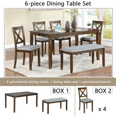 sumyeg 6 Piece Wooden Dining Table Set with Table, 4 Upholstered Chairs and Bench
