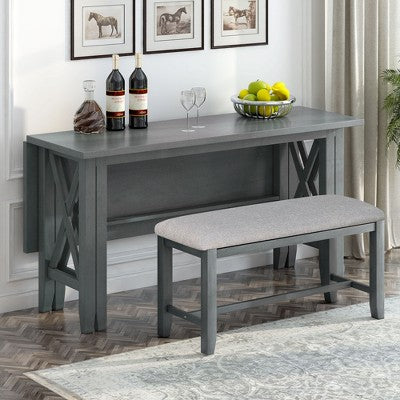 6 Piece Extendable Dining Table Set Dining Set Small Dinette Kitchen Table Set with Foldable Table, 4 Upholstered Chairs, Bench, Gray/Espresso-HABITRI