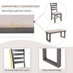 Farmhouse 6 Pieces Dining Table Set with Bench, Wood Rectangle Table and 4 Upholstered Chairs for Kitchen, Gray