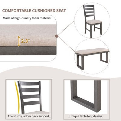 Farmhouse 6 Pieces Dining Table Set with Bench, Wood Rectangle Table and 4 Upholstered Chairs for Kitchen, Gray