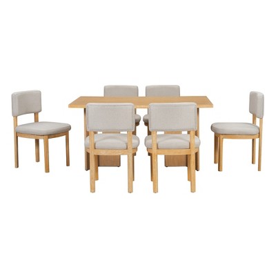 7 Piece Farmhouse Dining Table Set Dining Set for 6, 60 Kitchen Table Set with 6 Upholstered Dining Chairs - ModernLuxe