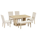 GDFStudio Sira Contemporary 6 Piece Rubberwood Dining Set with Extendable Table and Linen Upholstered Seats
