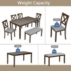 6-Piece Dining Set: Rectangular Wood Table, 4 Upholstered Chairs, Bench for Home Kitchen, Living Room, Bar