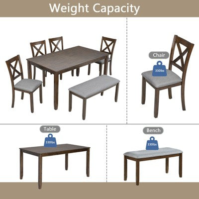 6-Piece Dining Set: Rectangular Wood Table, 4 Upholstered Chairs, Bench for Home Kitchen, Living Room, Bar