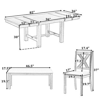 Farmhouse Extendable Dining Table Set for 6, Solid Wood Rectangular Kitchen Table Set with Removable Leaf, 4 Upholstered Chairs and Bench