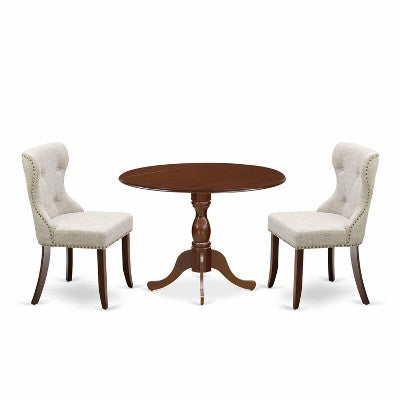 3-Piece Mahogany Finish Solid Wood Top - Button Tufted Dining Room Set - Seats 4
