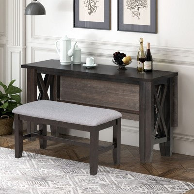 6 Piece Extendable Dining Table Set Dining Set Small Dinette Kitchen Table Set with Foldable Table, 4 Upholstered Chairs, Bench, Gray/Espresso-HABITRI