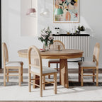 Rattan Round Dining Table Set for 4, Extendable Dining Set with 4 Upholstered Chairs, Kitchen Table and Chairs Set for Small Space, Natural Wood Wash