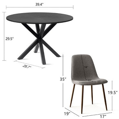 5 Pcs Dining Set for 4 Round Dining Table with Crossed Metal Legs and Oak Grain Upholstered Chairs for Kitchen and Dining Room - Panipeachy