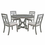 Farmhouse Extendable Round Dining Set for 4, Kitchen Dining Table Set with 4 Upholstered Dining Chairs for Dining Room