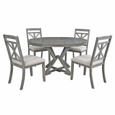 Farmhouse Extendable Round Dining Set for 4, Kitchen Dining Table Set with 4 Upholstered Dining Chairs for Dining Room