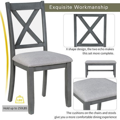 6 Piece Extendable Dining Table Set Dining Set Small Dinette Kitchen Table Set with Foldable Table, 4 Upholstered Chairs, Bench, Gray/Espresso-HABITRI
