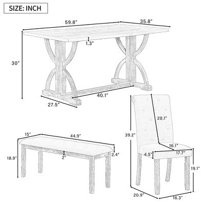 6 PCS Retro Dining Table Set, Rectangular Table with Unique Legs and Upholstered Chairs-ModernLuxe