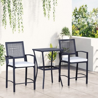 3pcs Patio Bar Set with Soft Cushion, Rattan Wicker Outdoor Furniture Set for Backyards, Lawn, Deck
