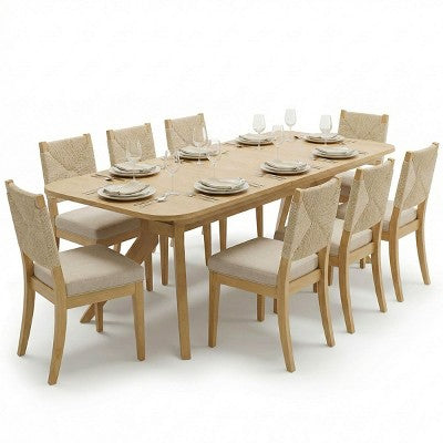 Expandable Dining Table Set for 6/8, Japandi Dining Room Furniture, Rope Back Chairs with Beige Upholstered Seats-Panipeachy