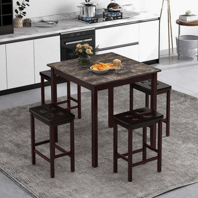 Costway 5 PCS Bar Table Set Square Dining Table & 4 PVC Leather Upholstered Bar Stools Brown/White