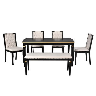 Retro 6 Pieces Kitchen Dining Table Set, Rectangular Table and 4 High-Back Tufted Chairs & Bench, Wood Dining Room Table Set for 6