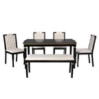 Retro 6 Pieces Kitchen Dining Table Set, Rectangular Table and 4 High-Back Tufted Chairs & Bench, Wood Dining Room Table Set for 6