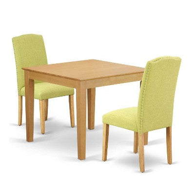 Rustic Dining Set 3Pc Square Table & 2 Parson Chairs - Oak Legs, Linen Fabric - HomeStock