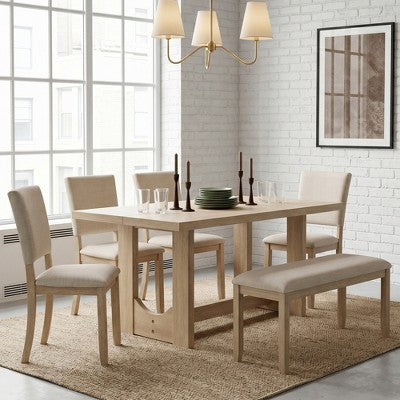 GDFStudio Kiley Modern 6 Piece Wooden Dining Table Set with Bench and Four Upholstered Chairs